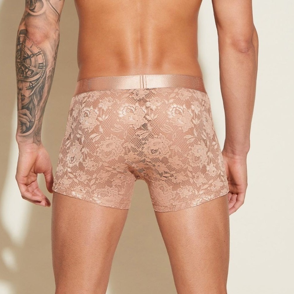 Cosabella Mens Never Say Never‎ Lace Boxer Briefs Tan Floral Metallic Waistband